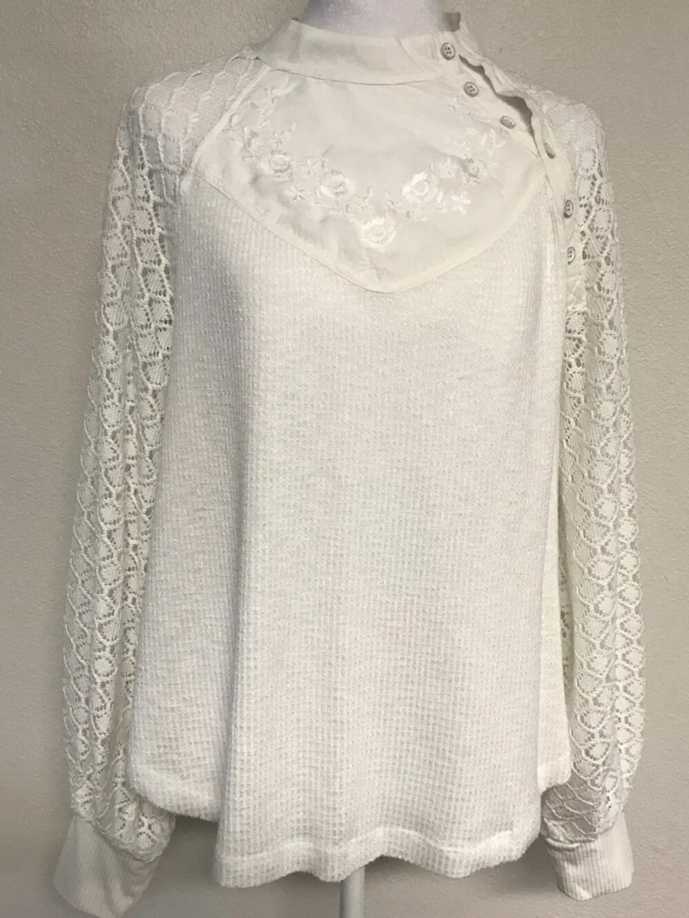 Free People Sweetest Thing Top S Ivory Lace Sleeve Thermal Knit Boho Romantic